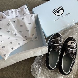 NIB $395 Chiara Ferragni Black/Silver Glitter Slip On Sneakers-Size 36 Women’s
